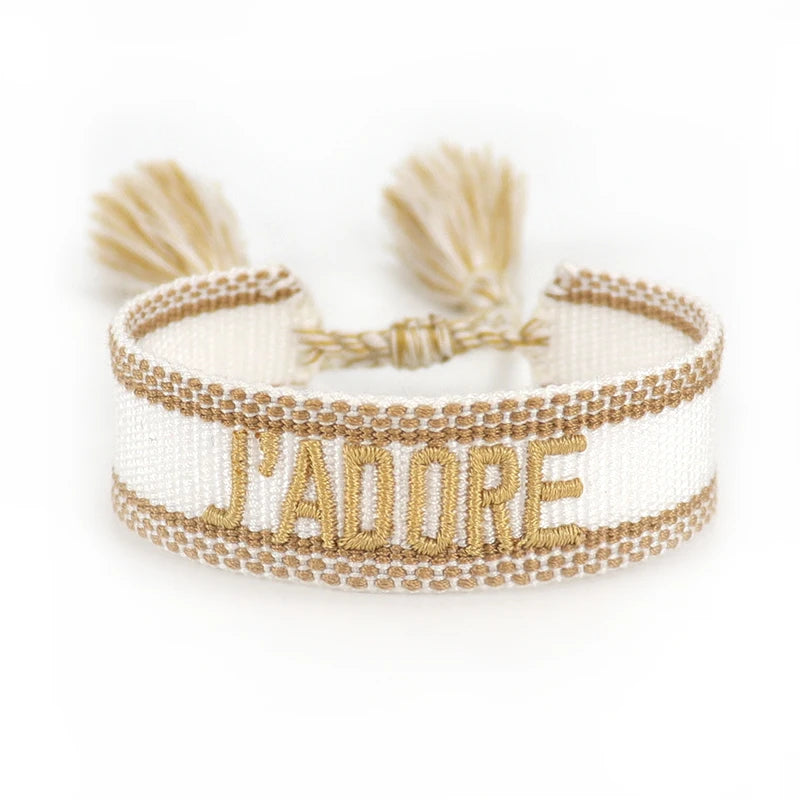 Bracelet brodé tissé en coton à pompons, blanc et doré, King Watch