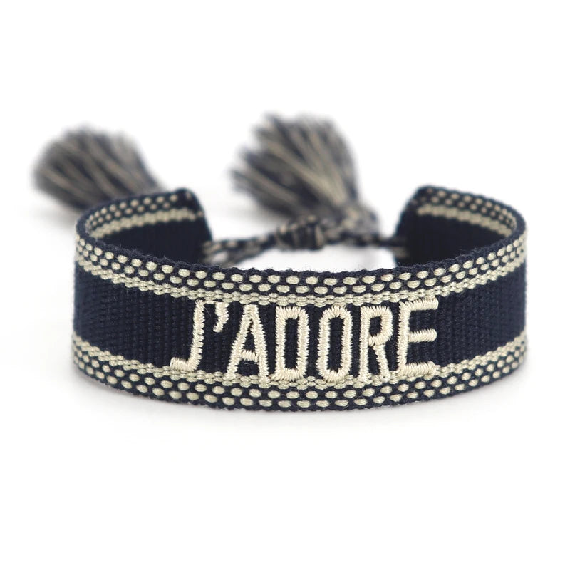 Bracelet brodé tissé en coton à pompons, bleu nuit, King Watch