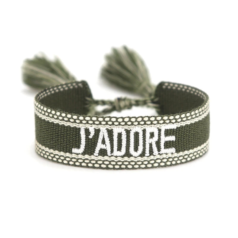 Bracelet brodé tissé en coton à pompons, kaki, King Watch