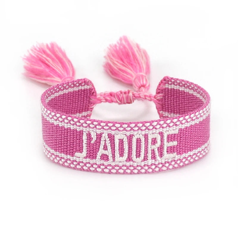 Bracelet brodé tissé en coton à pompons, fuchsia, King Watch