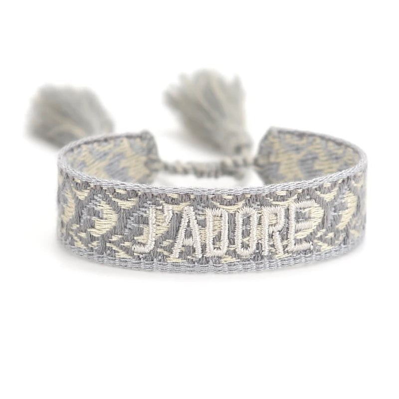 Bracelet brodé tissé en coton à pompons, gris à motifs, King Watch