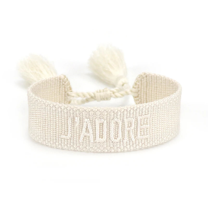 Bracelet brodé tissé en coton à pompons, écru, King Watch