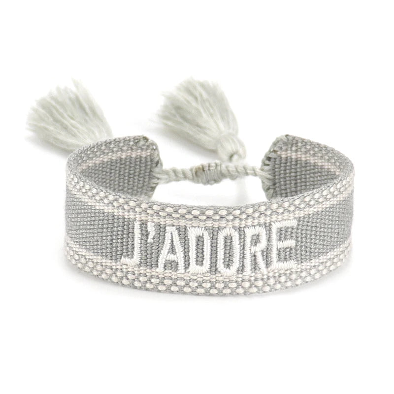 Bracelet brodé tissé en coton à pompons, gris clair, King Watch