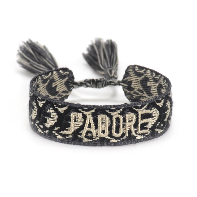 Bracelet brodé tissé en coton à pompons, noir à motifs, King Watch