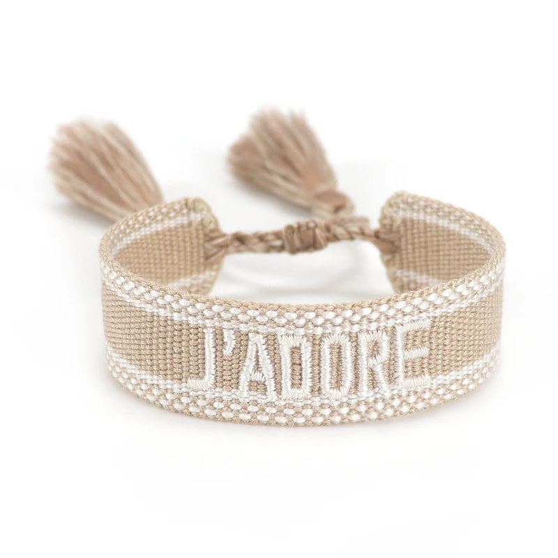 Bracelet brodé tissé en coton à pompons, beige, King Watch