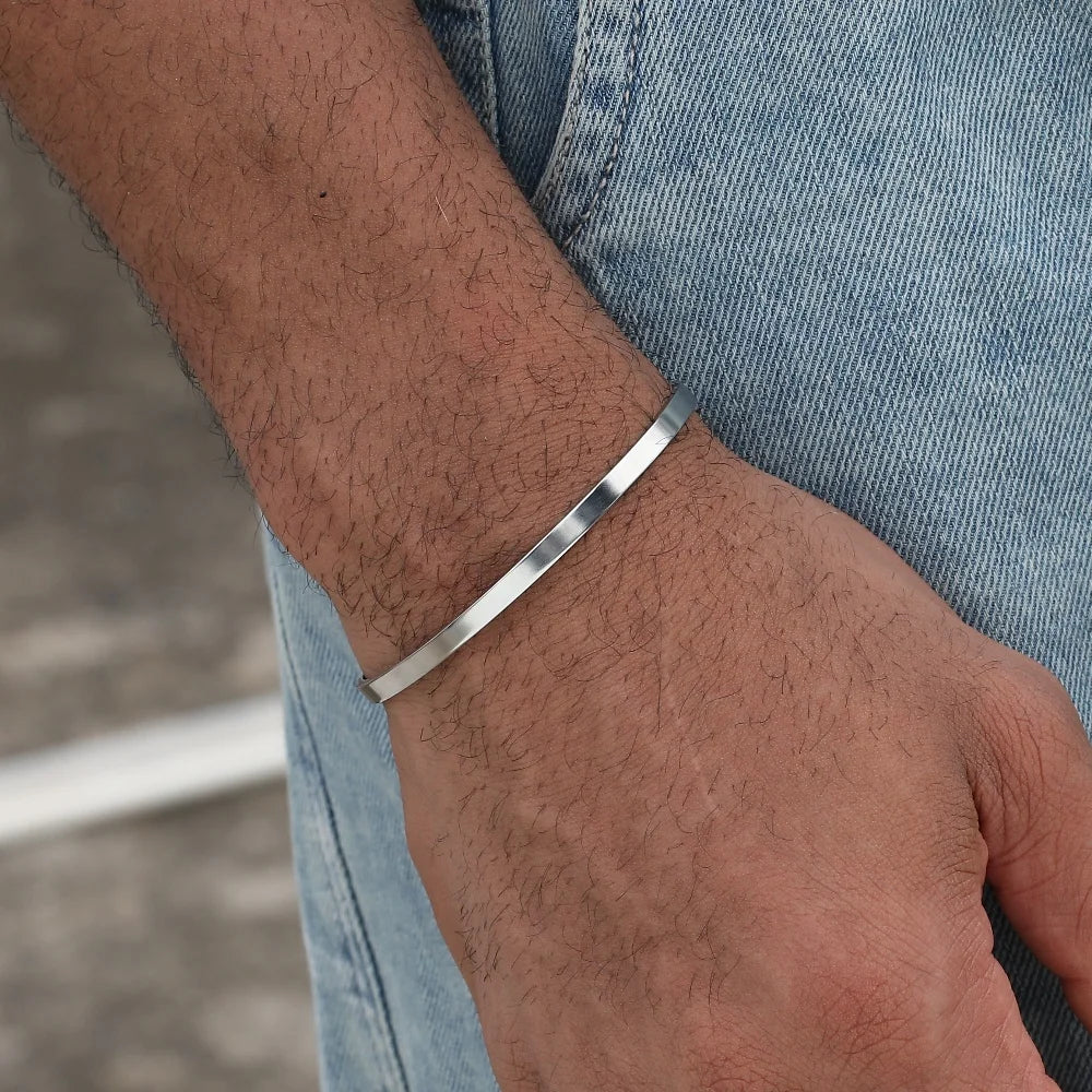 Men's stainless steel open bangle and fine curb bracelet, view 3, King Watch