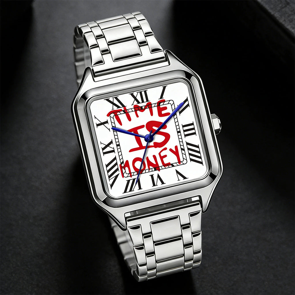 Montre homme carrée à cadran blanc Time is money, bracelet en acier, vue 6, King Watch