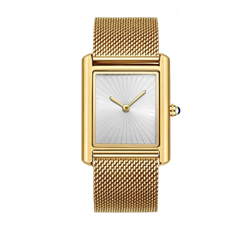 Montre rectangulaire à cadran soleillé, bracelet en maille milanaise, doré, cadran argenté, King Watch