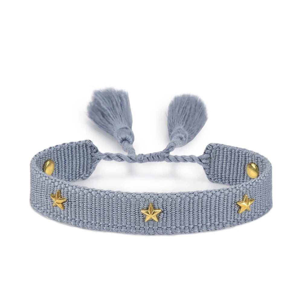Bracelet brodé tissé en coton à pompons, bleu gris, étoiles, King Watch