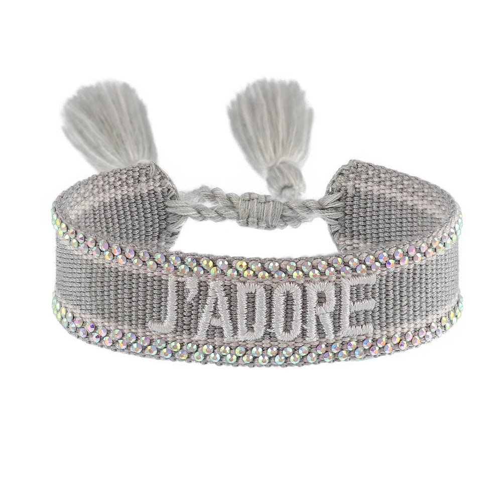 Bracelet brodé tissé en coton à pompons, gris, liseré strass, King Watch