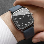Square men's watch, anthracite grey case and blue leather strap, view 2, King Watch