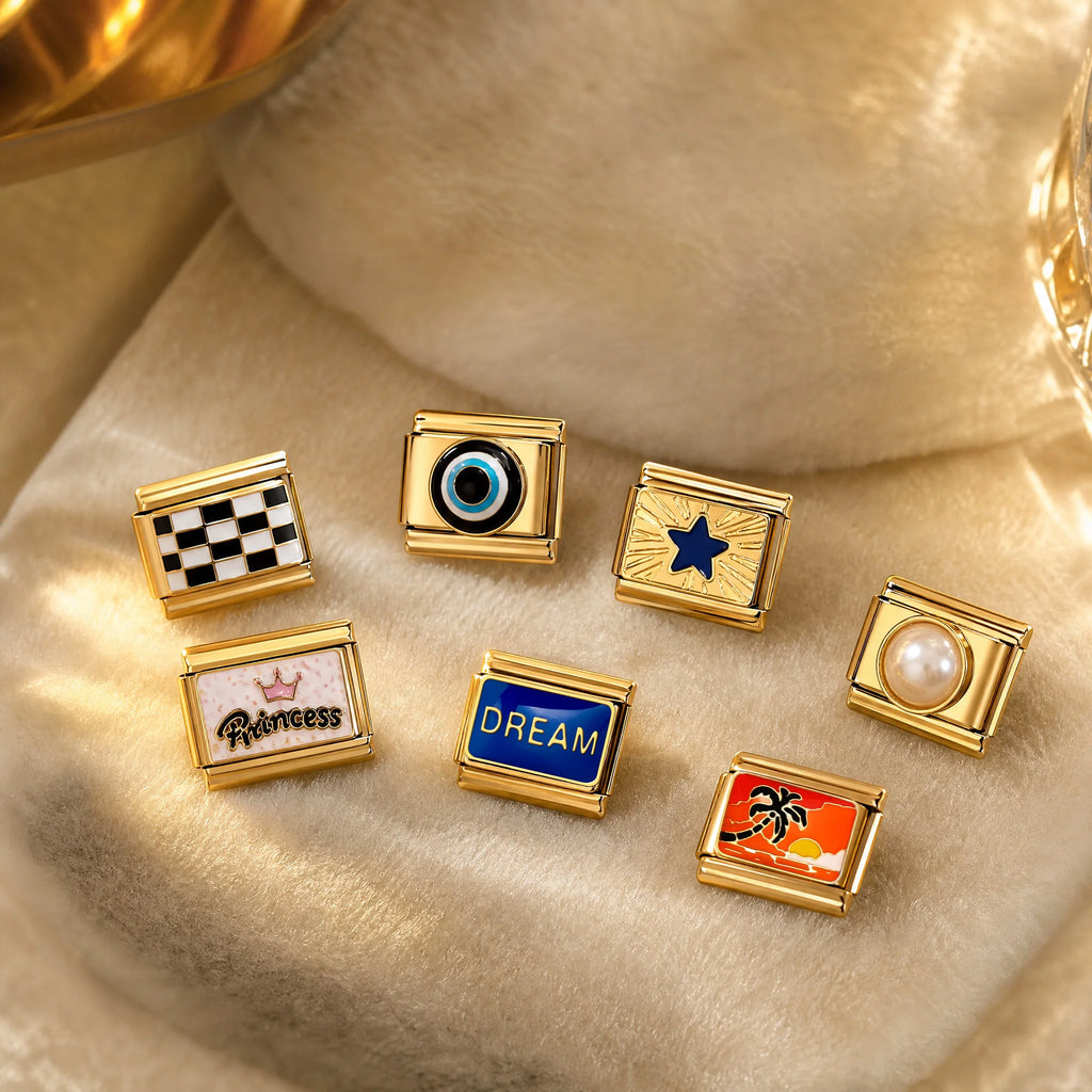 Bracelet à charms italiens en acier doré, maillons émaillés, vue 6, King Watch