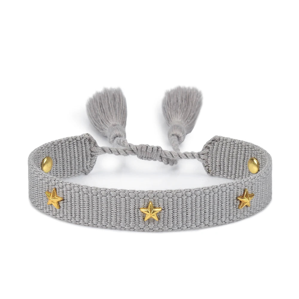 Bracelet brodé tissé en coton à pompons, gris, étoiles, King Watch
