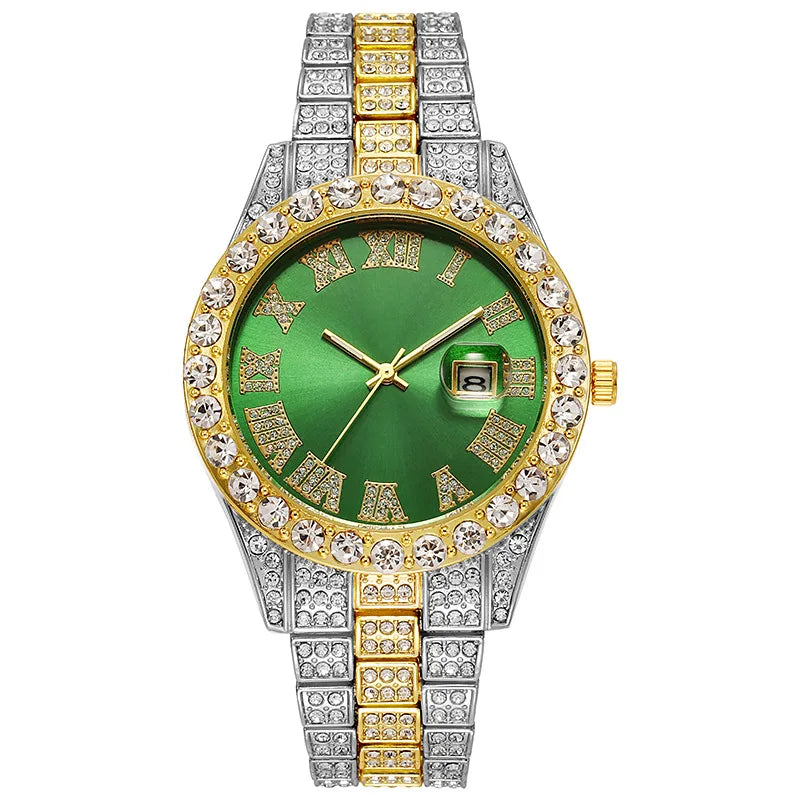 Montre homme iced out entièrement sertie de strass, guichet date, bicolore, cadran vert, King Watch