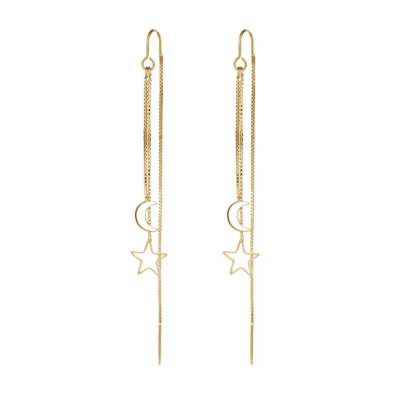 Boucles d'oreilles longues à chaîne serties de cristal, lune et étoile dorées, King Watch