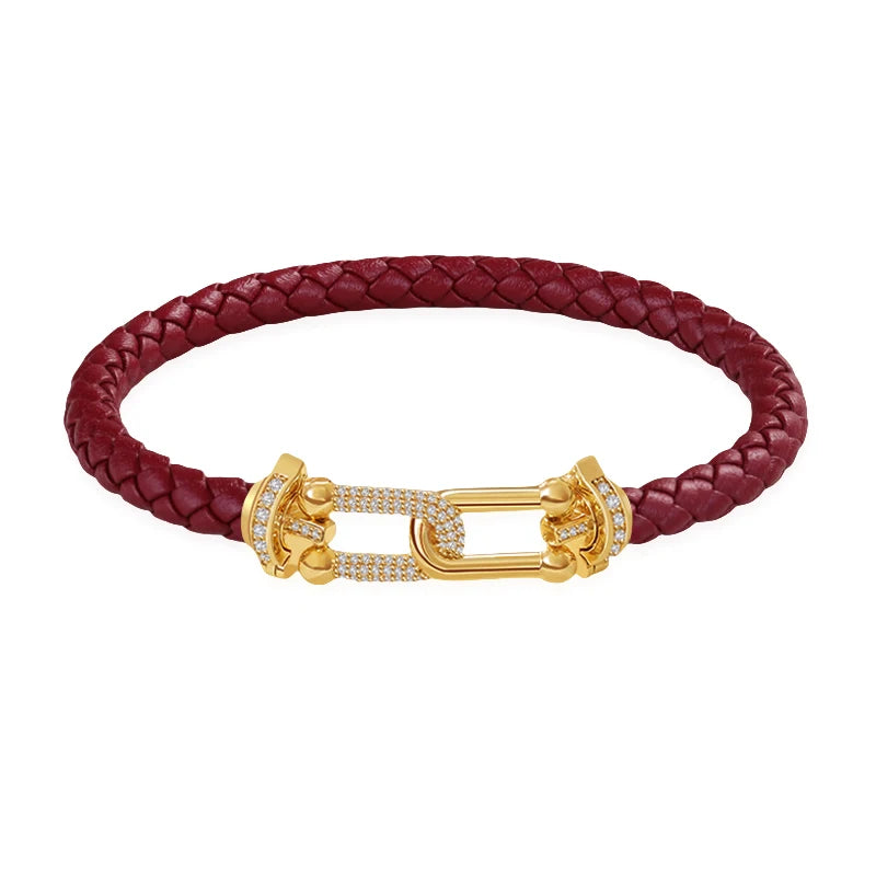 Bracelet en cuir tressé, fermoir serti de zircons, King Watch
