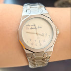 Octagonal watch with Who cares I'm already late dial, jumbled numerals, view 3, King Watch