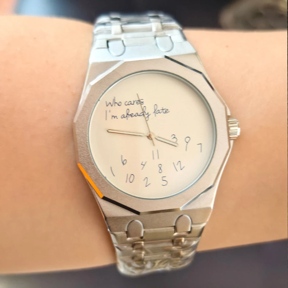 Octagonal watch with Who cares I'm already late dial, jumbled numerals, view 3, King Watch