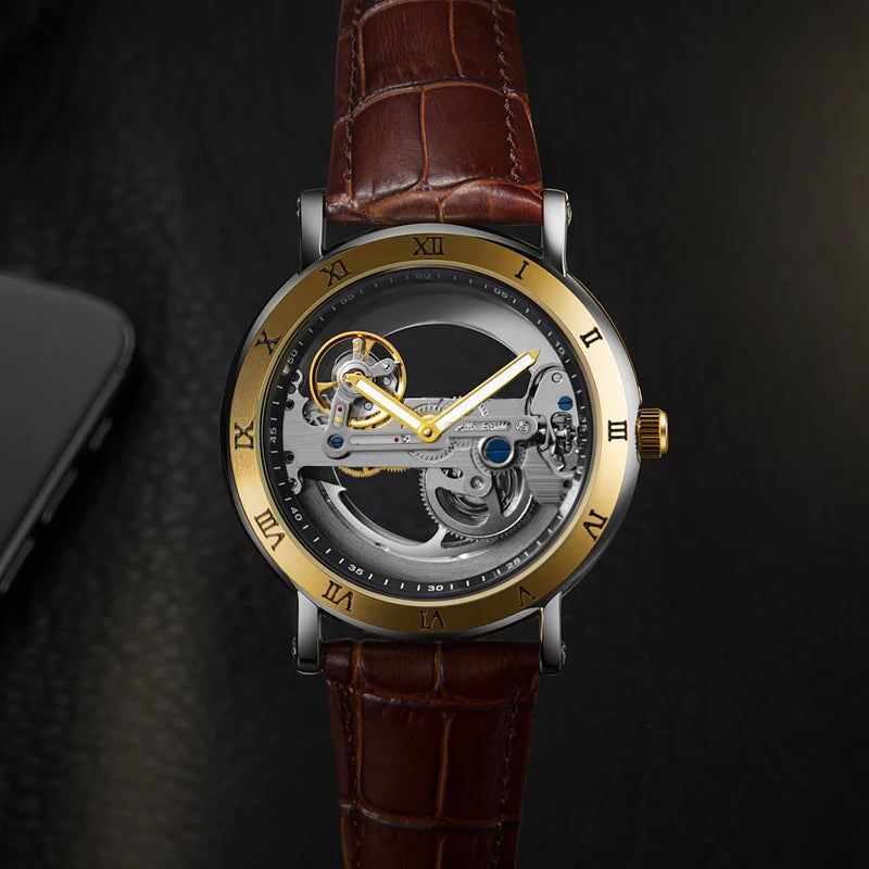 Skeleton automatic watch with transparent dial, leather strap, view 4, King Watch