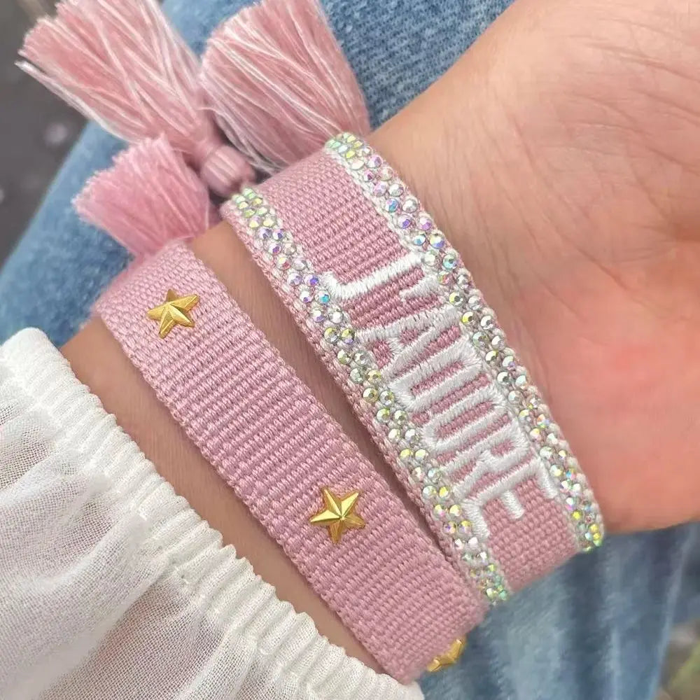 Bracelet brodé tissé en coton à pompons, vue 2, King Watch