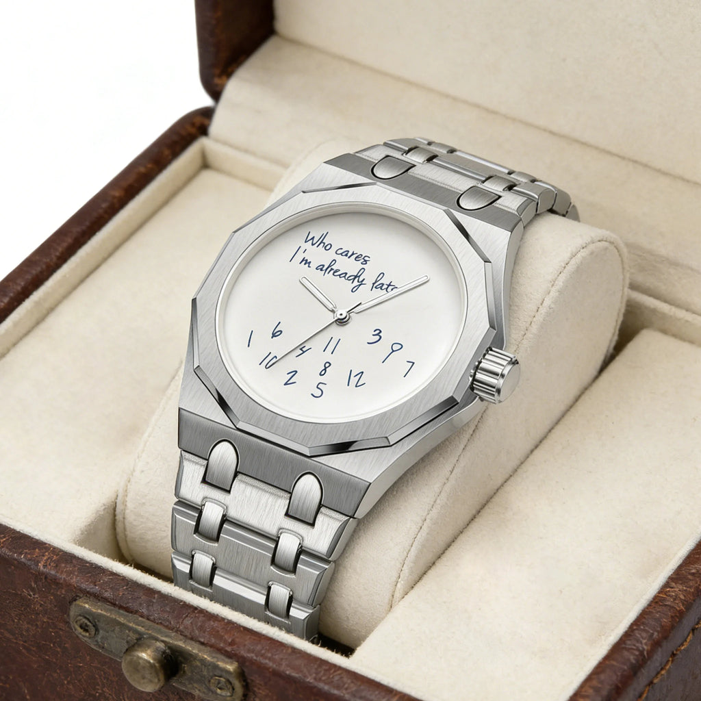 Octagonal watch with Who cares I'm already late dial, jumbled numerals, King Watch