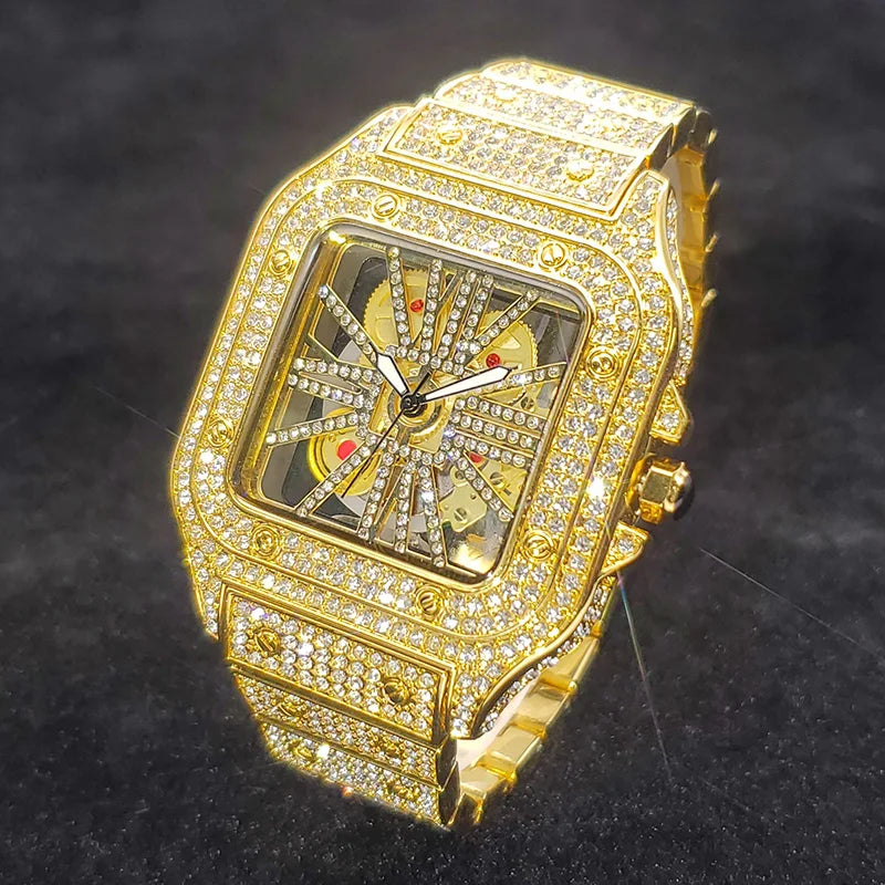 Montre homme iced out carrée à cadran squelette, acier serti de strass, doré, King Watch