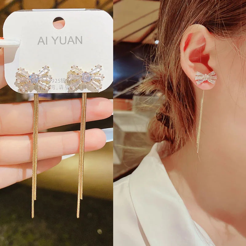 Boucles d'oreilles longues à chaîne serties de cristal, nœud serti doré, King Watch