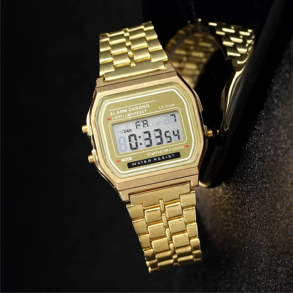 Montre digitale rétro rectangulaire, bracelet en acier inoxydable, doré, King Watch