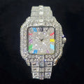 Montre homme iced out carrée à chiffres romains colorés, acier serti de strass, argenté, King Watch