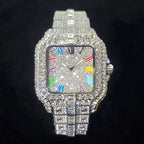 Montre homme iced out carrée à chiffres romains colorés, acier serti de strass, argenté, King Watch