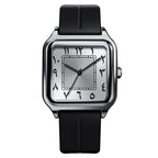 Men's square watch with Eastern Arabic numerals, ribbed dial, silver-tone dial, black strap, King Watch