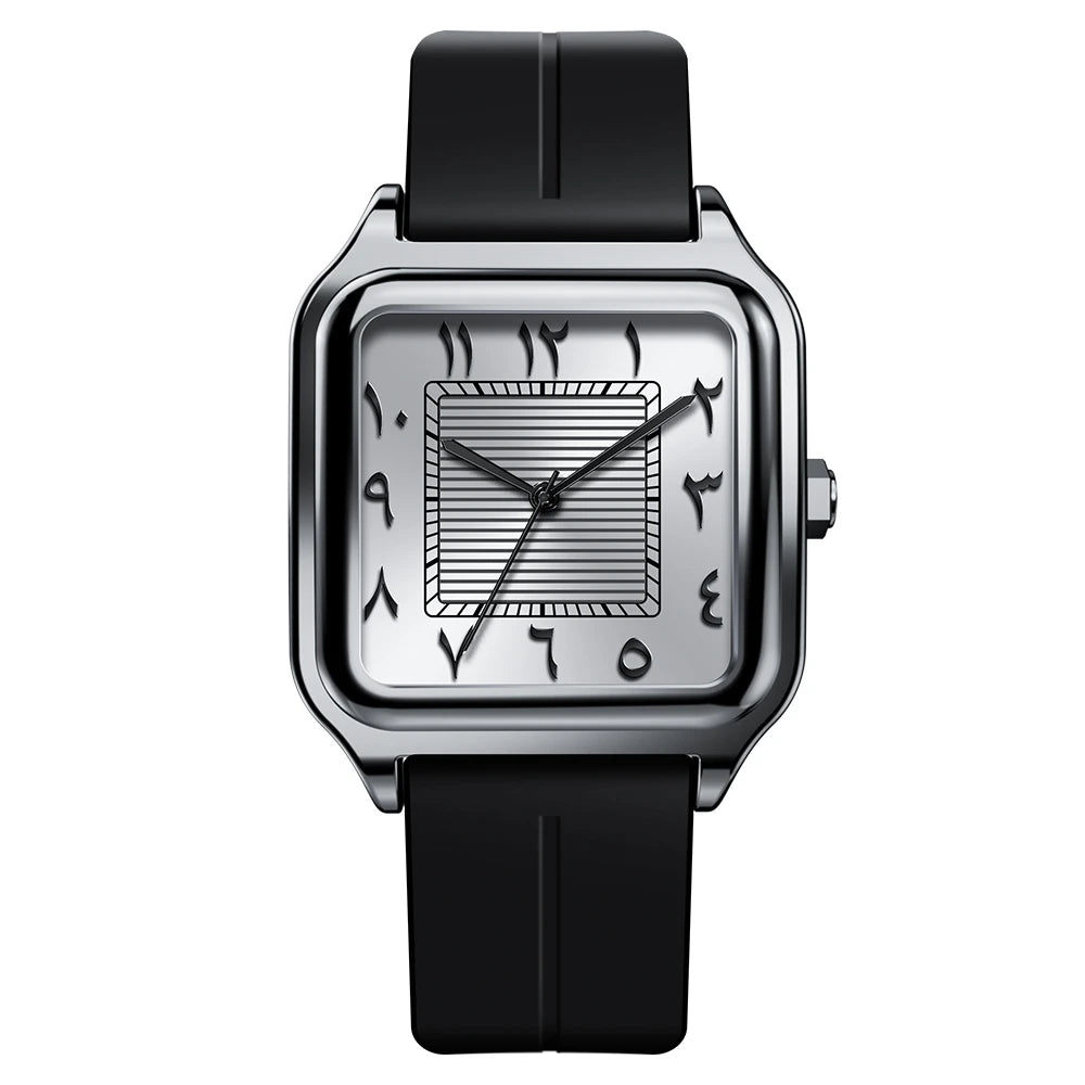 Men's square watch with Eastern Arabic numerals, ribbed dial, silver-tone dial, black strap, King Watch