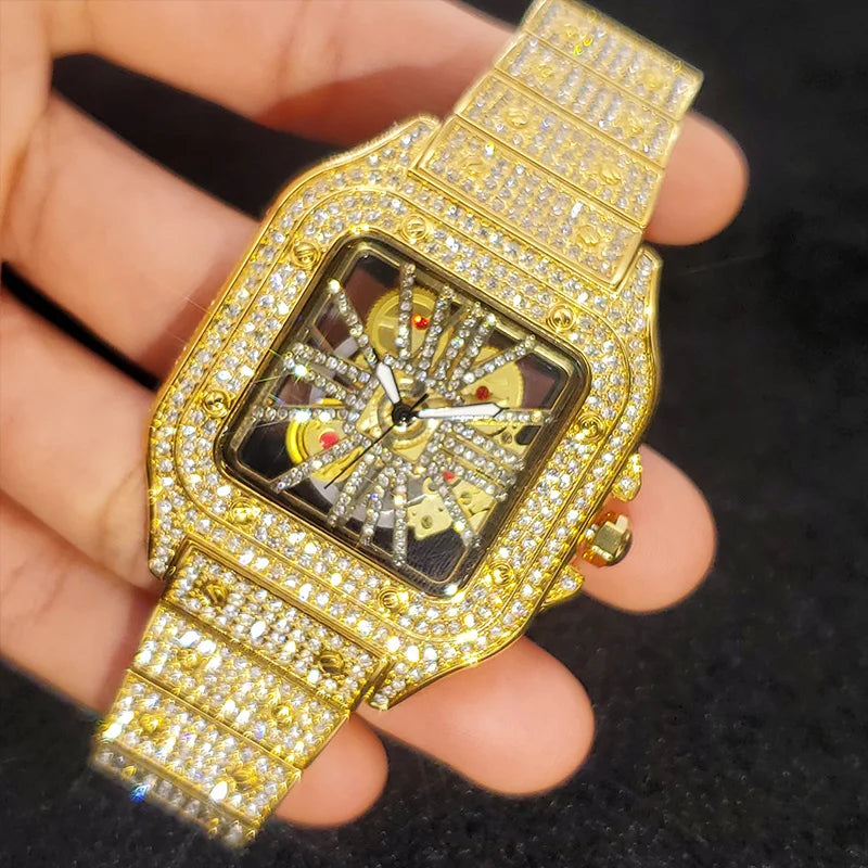 Montre homme iced out carrée à cadran squelette, acier serti de strass, vue 8, King Watch
