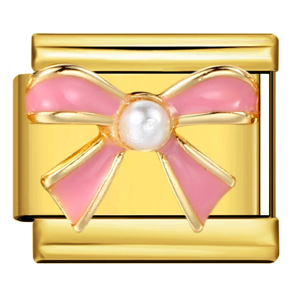 Bracelet à charms italiens en acier doré, maillons émaillés, nœud rose et perle, King Watch