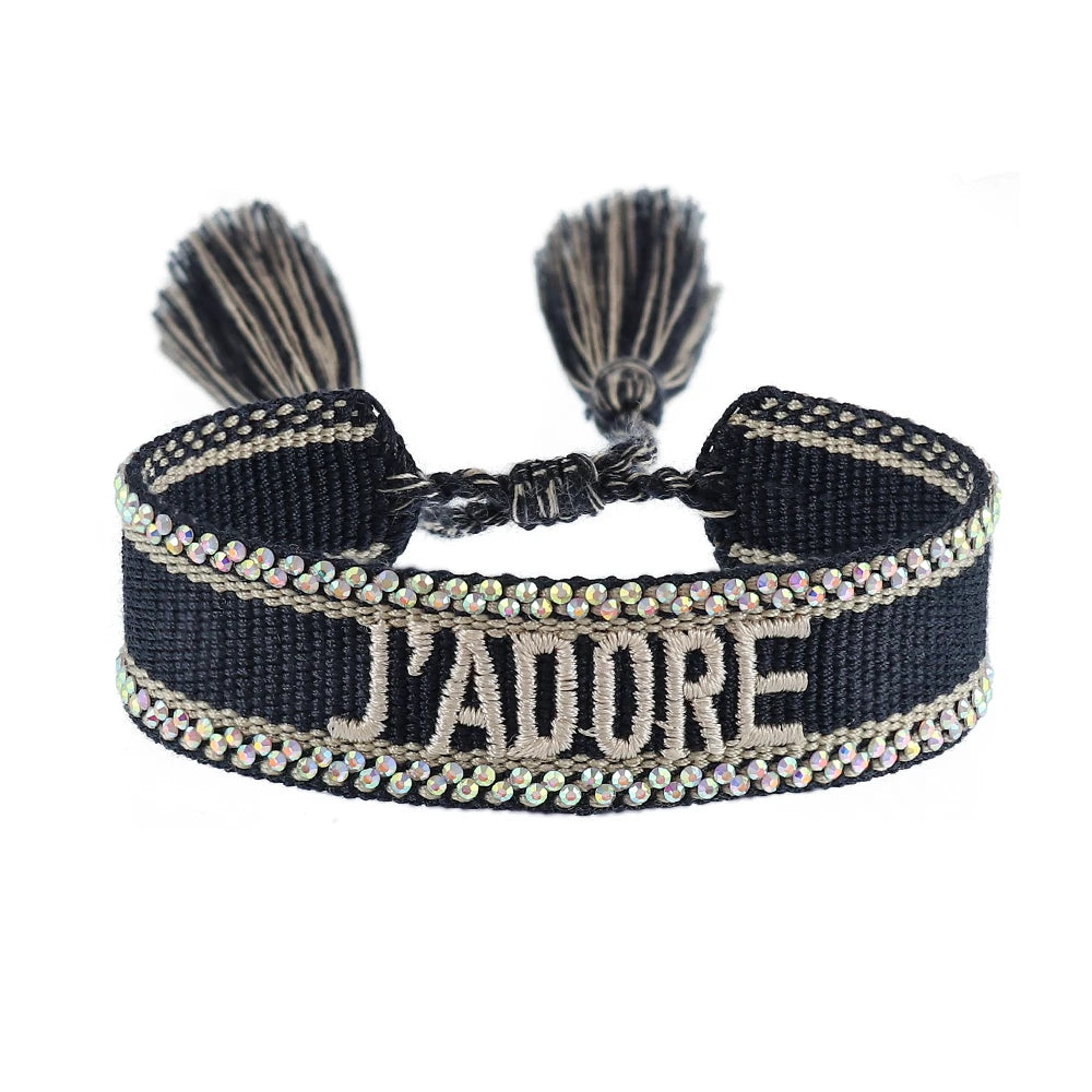 Bracelet brodé tissé en coton à pompons, bleu nuit, liseré strass, King Watch