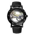 Skeleton automatic watch with transparent dial, leather strap, black, black leather, King Watch