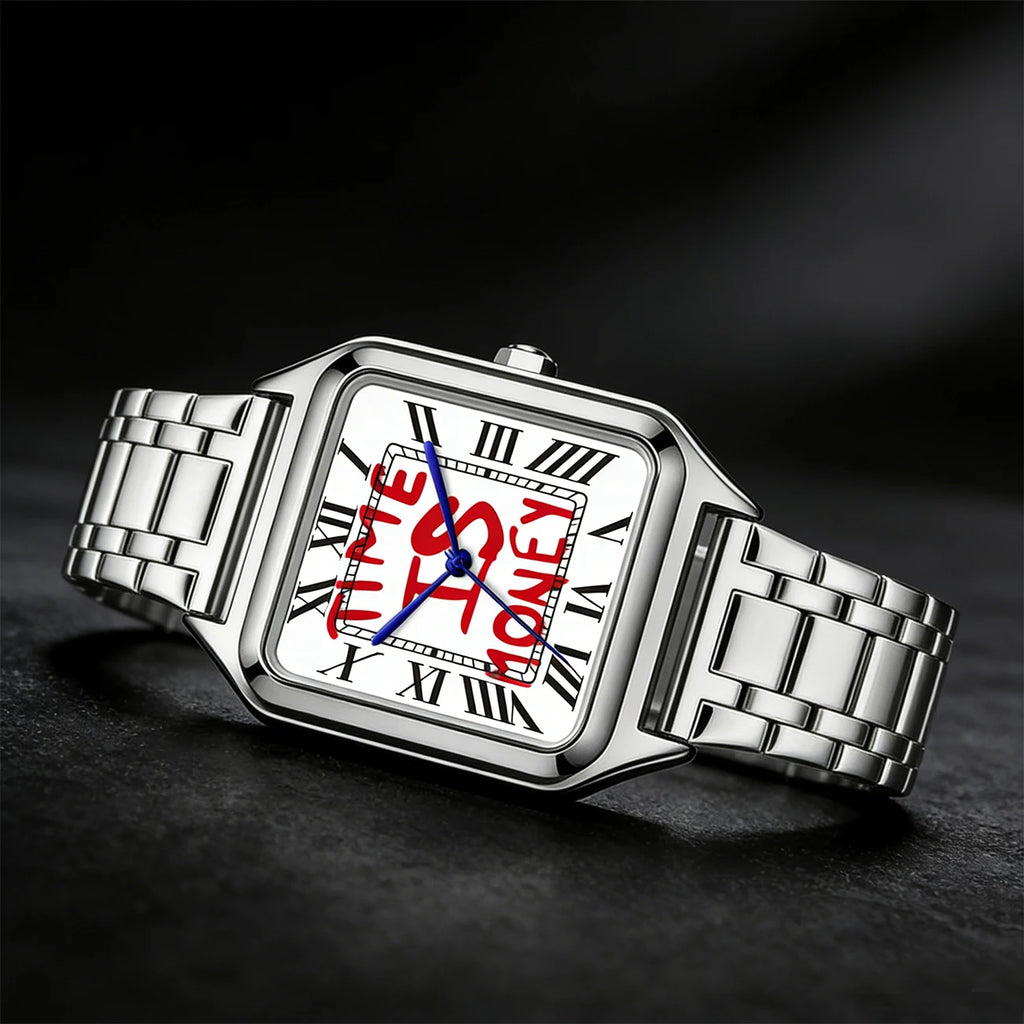 Montre homme carrée à cadran blanc Time is money, bracelet en acier, vue 5, King Watch
