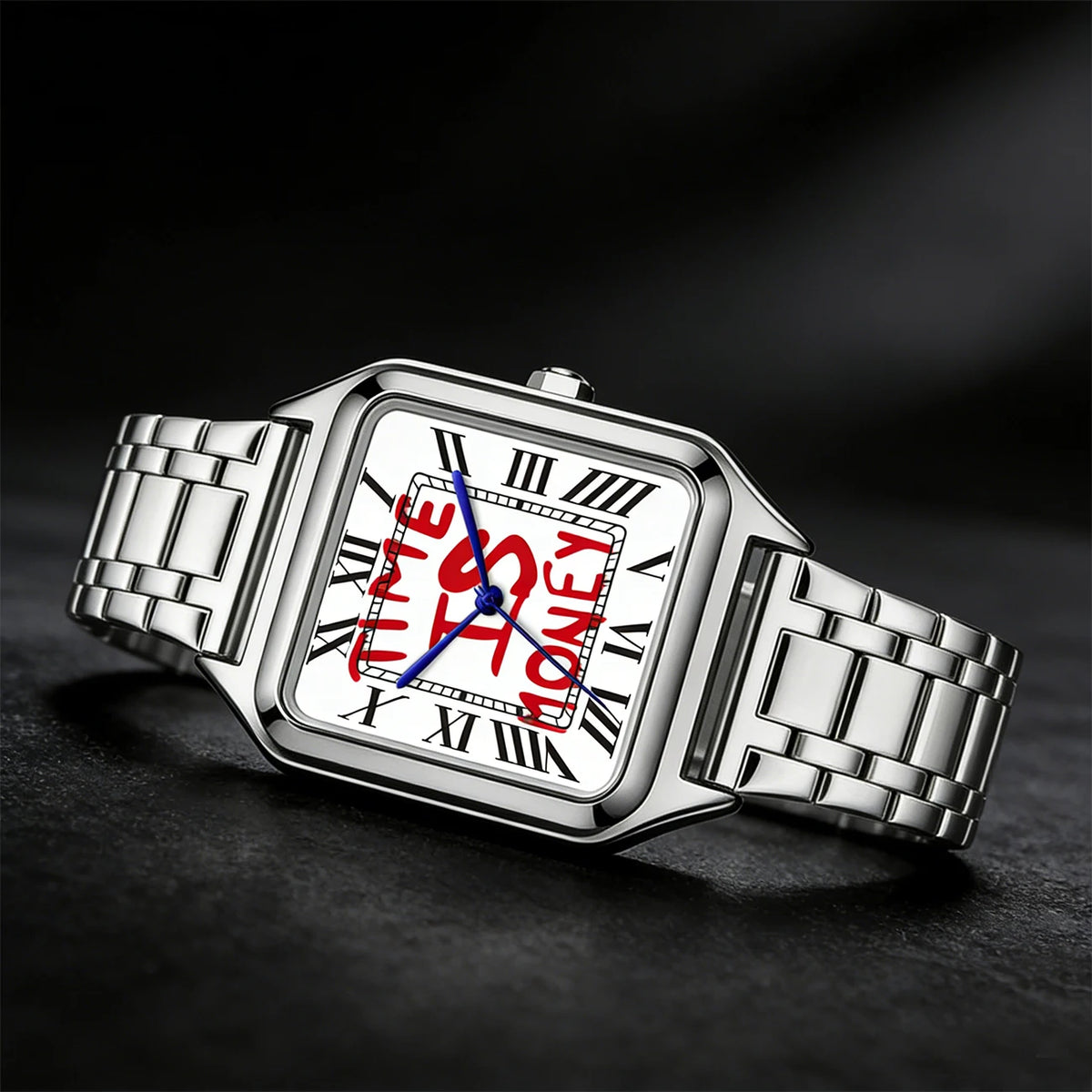 Montre homme carrée à cadran blanc Time is money, bracelet en acier, vue 5, King Watch