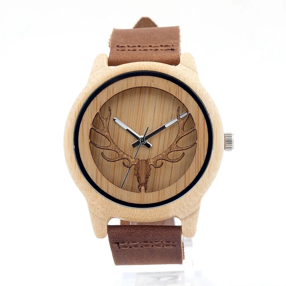Montre en bambou naturel à cadran en bois, homme, cadran gravé tête de cerf, King Watch