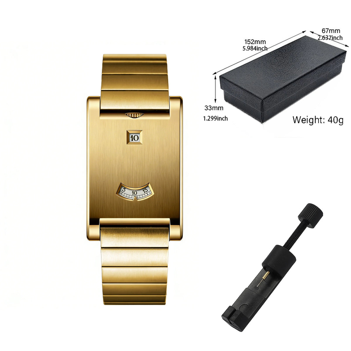 Rectangular jump hour watch in brushed steel, gold-tone, King Watch