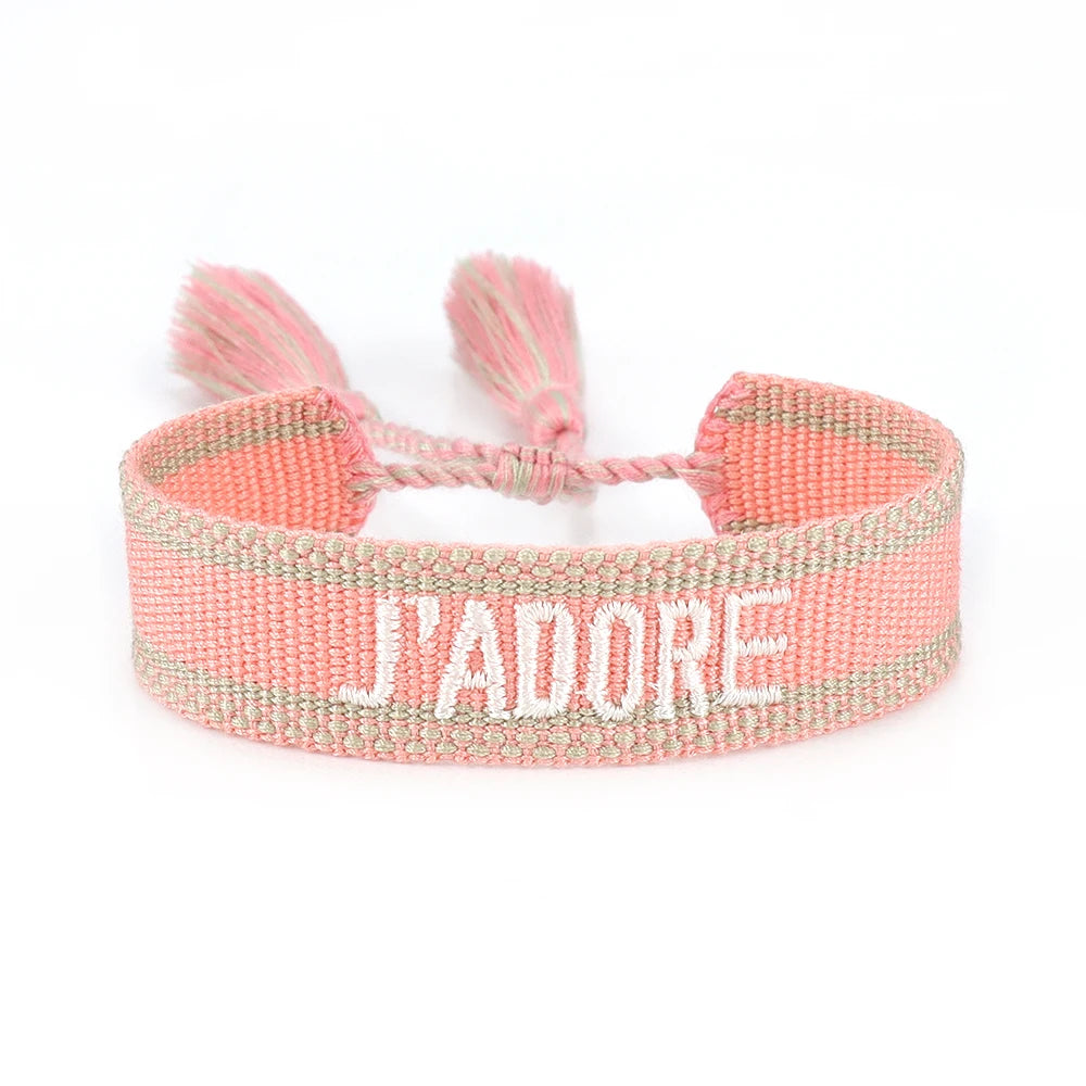 Bracelet brodé tissé en coton à pompons, corail, King Watch