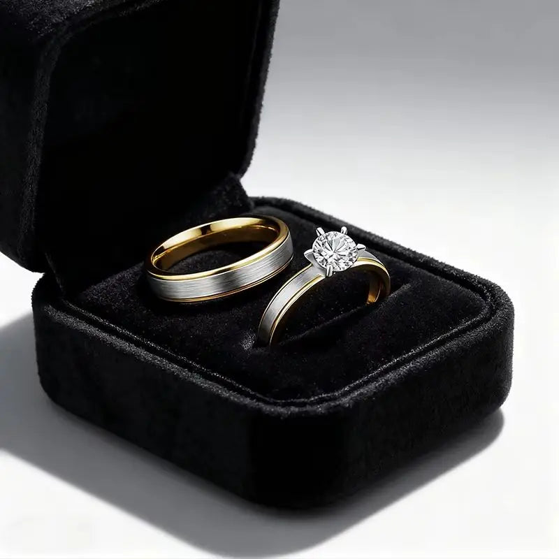 Bagues de couple en acier inoxydable bicolore, anneau brossé et bague sertie, King Watch