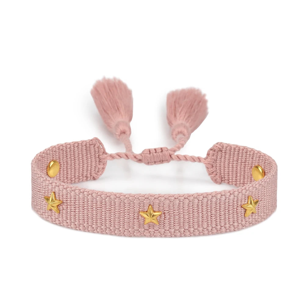 Bracelet brodé tissé en coton à pompons, rose, étoiles, King Watch