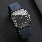 Square men's watch, anthracite grey case and blue leather strap, view 3, King Watch