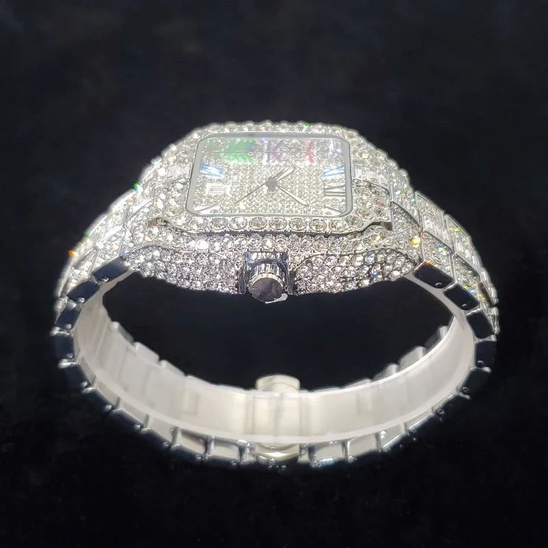 Montre homme iced out carrée à chiffres romains colorés, acier serti de strass, vue 3, King Watch