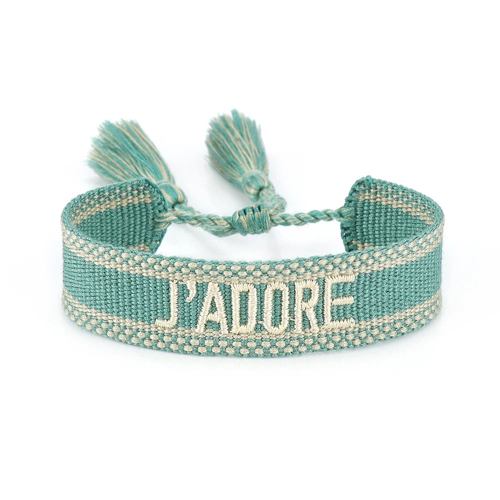 Bracelet brodé tissé en coton à pompons, vert d'eau, King Watch