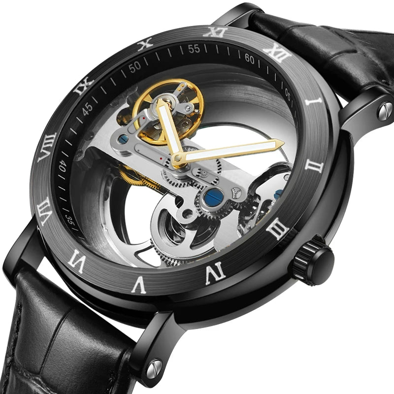 Skeleton automatic watch with transparent dial, leather strap, King Watch