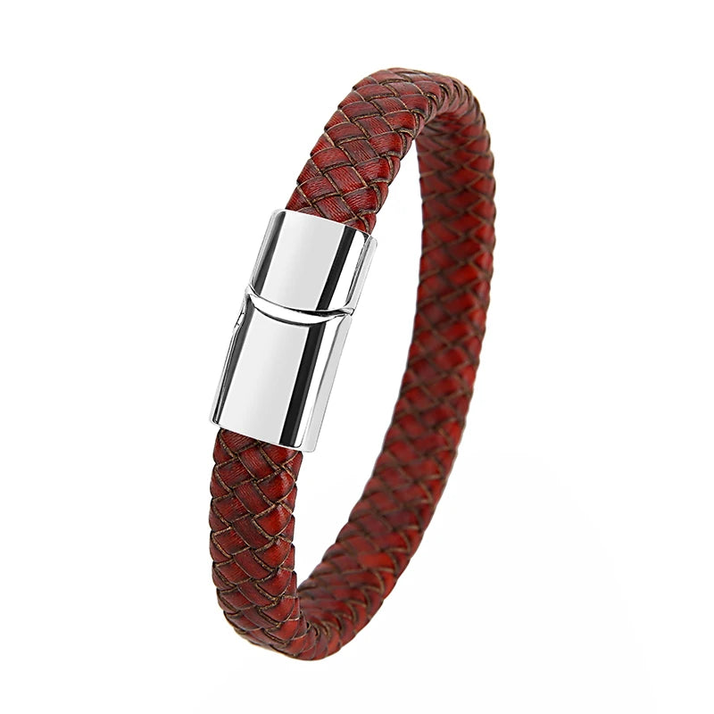 Bracelet homme en cuir tressé à fermoir magnétique, cuir rouge brique, fermoir argenté, King Watch