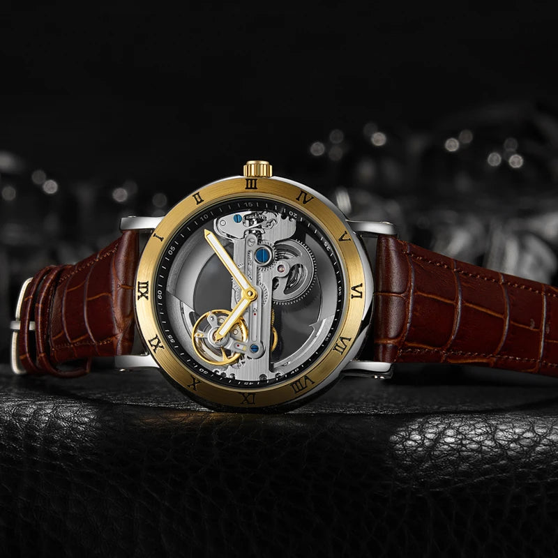 Skeleton automatic watch with transparent dial, leather strap, view 5, King Watch