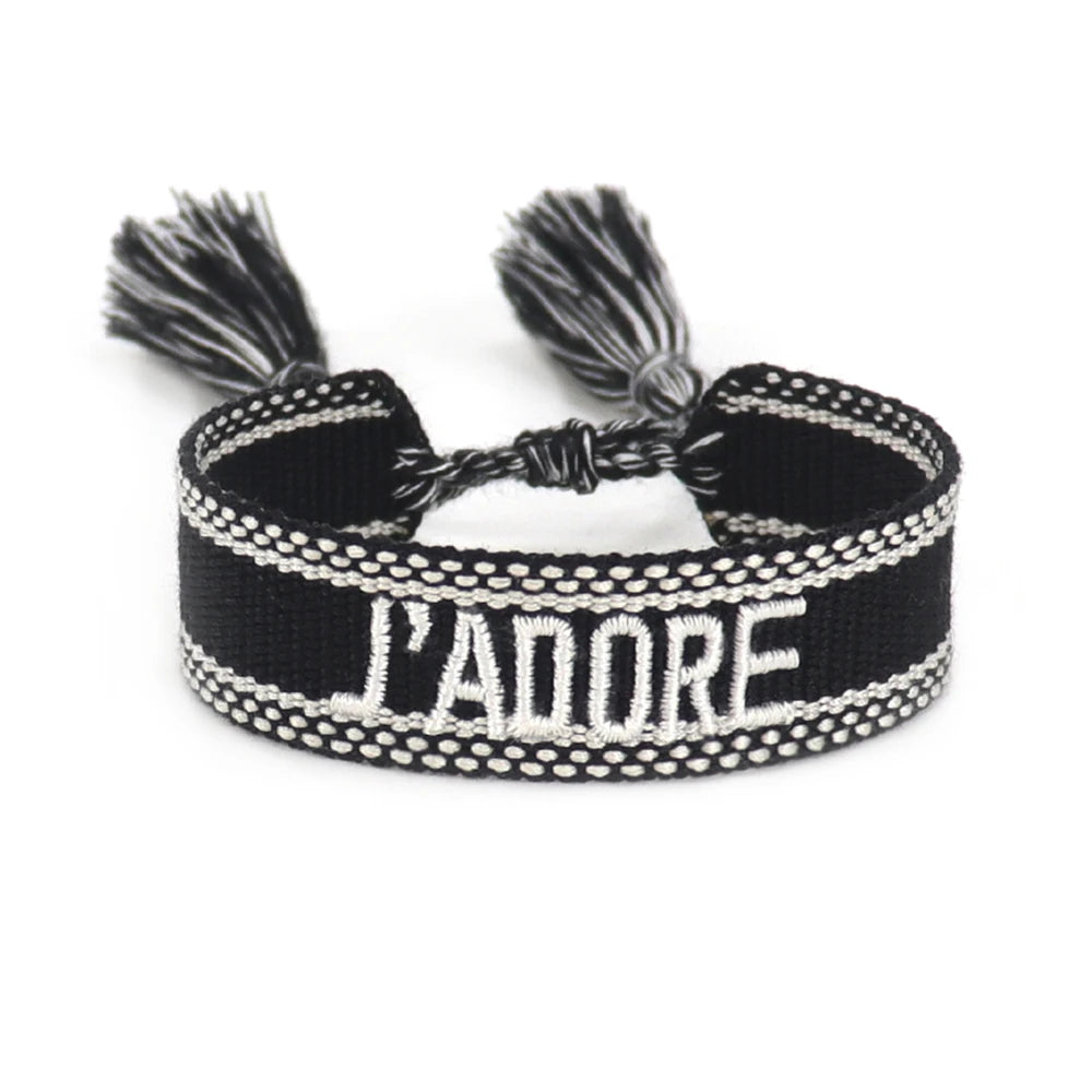 Bracelet brodé tissé en coton à pompons, noir, King Watch